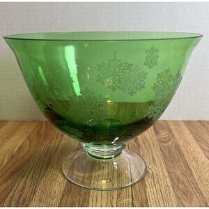 FTD Vintage Green Glass Footed Compote Candy Bowl Frosted Snowflake Christmas 7"